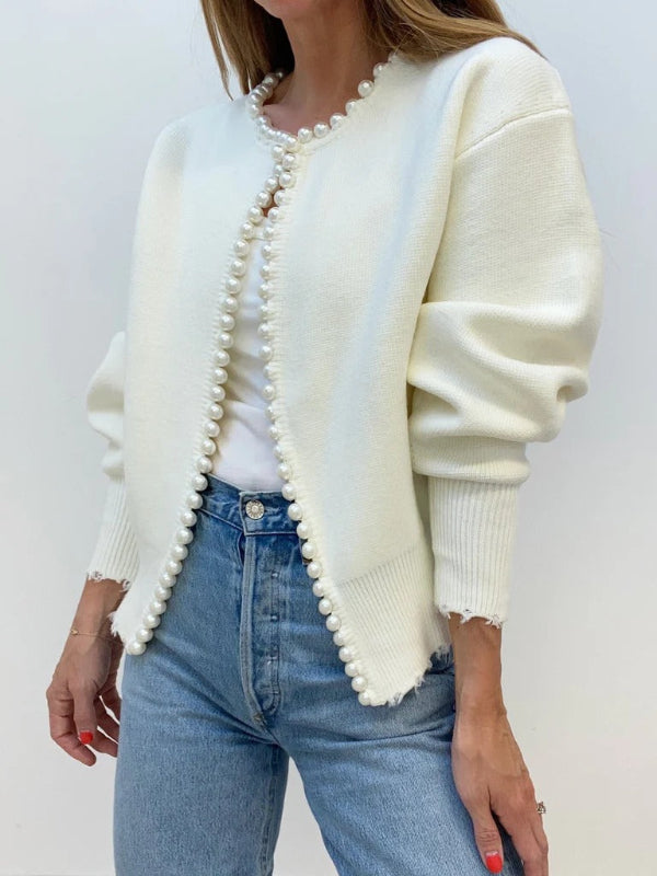 Lauriane | Gilet Femme Élégant en Maille, Coupe Décontractée avec Bordures Perles et Finition Brute