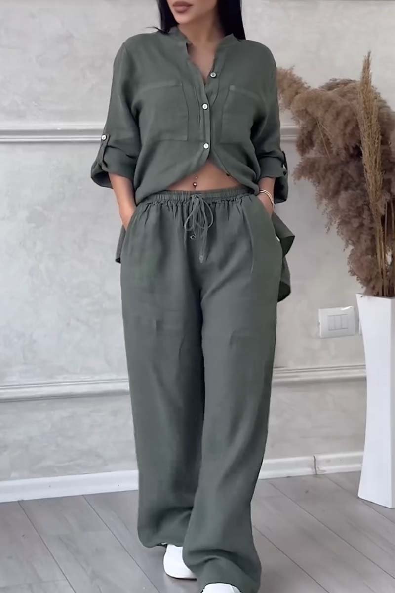 Magalie | Ensemble en Lin Estival – Blouse Boutonnée à Poches & Pantalon Large