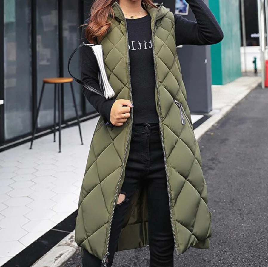 Béryl | Gilet Long Matelassé Femme avec Capuche et Fermeture Éclair