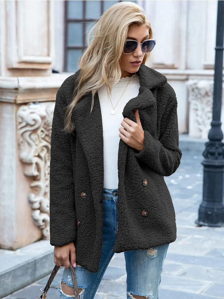 Vivienne-Rose | Manteau Femme Teddy Doux Double Boutonnage à Col Revers, Couleur Unie