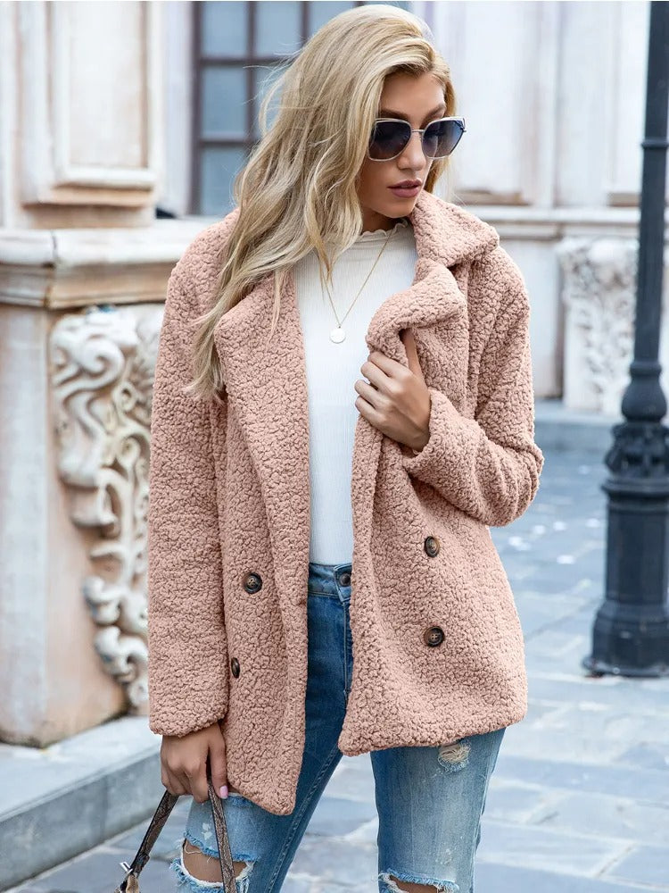 Vivienne-Rose | Manteau Femme Teddy Doux Double Boutonnage à Col Revers, Couleur Unie