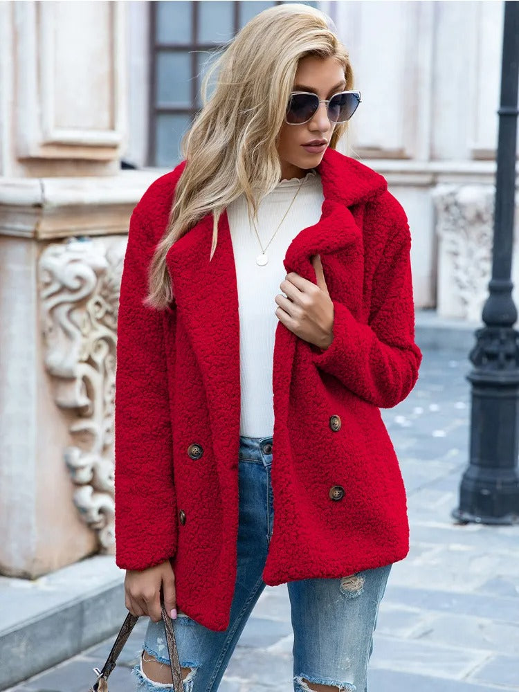 Vivienne-Rose | Manteau Femme Teddy Doux Double Boutonnage à Col Revers, Couleur Unie