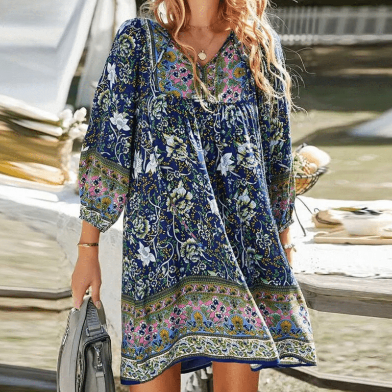 Ophéa | Robe Bohème à Décolleté en V, Manches Lanternes et Coupe Ample pour Femme – Robe Mini Fleurie Estivale