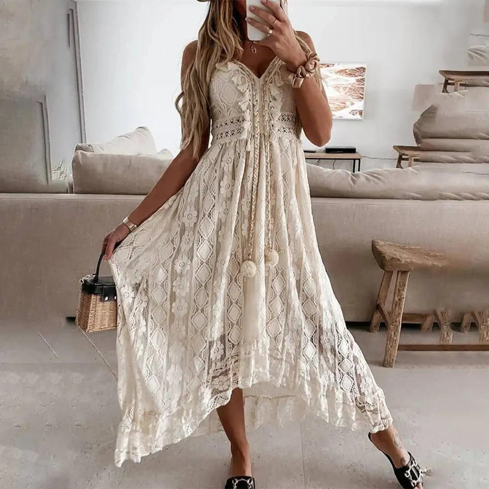 Naissette | Robe Maxi d'Été Sans Manches à Col V Profond en Dentelle Boho
