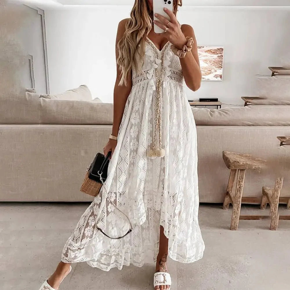 Naissette | Robe Maxi d'Été Sans Manches à Col V Profond en Dentelle Boho