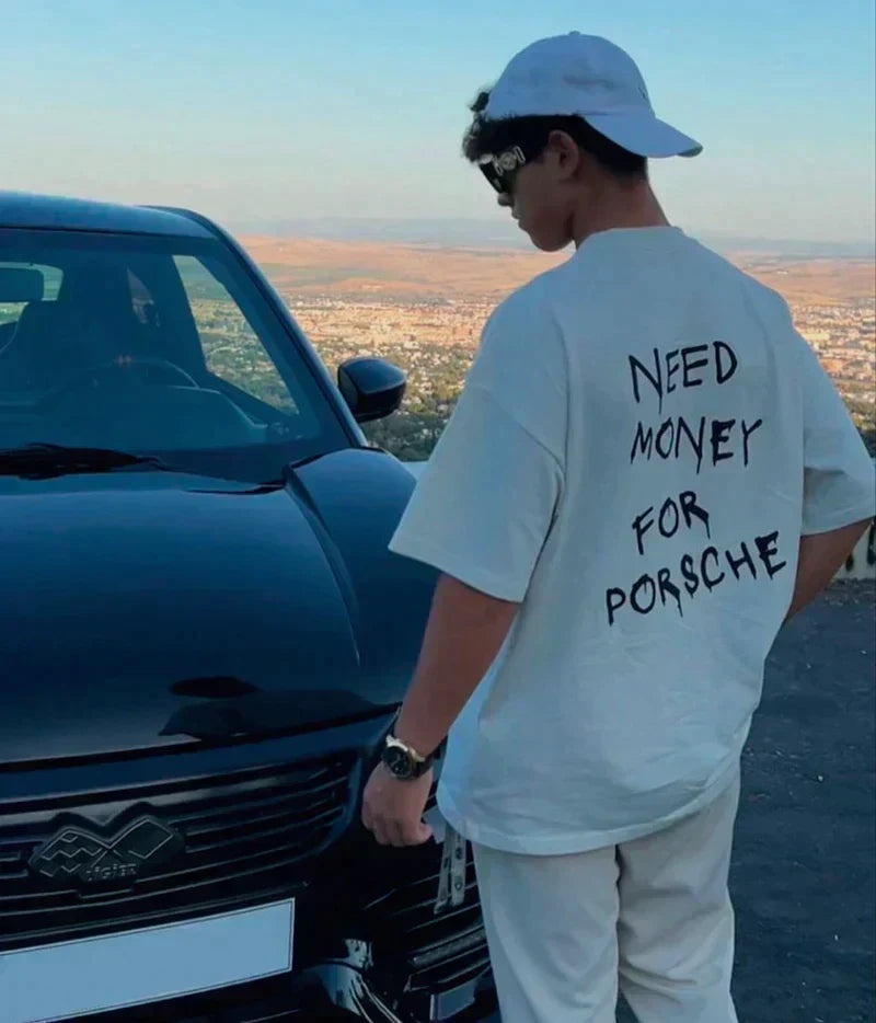 Ishmael | T-shirt Homme Oversize Coton Style Vintage avec Imprimé "Need Money for Porsche"