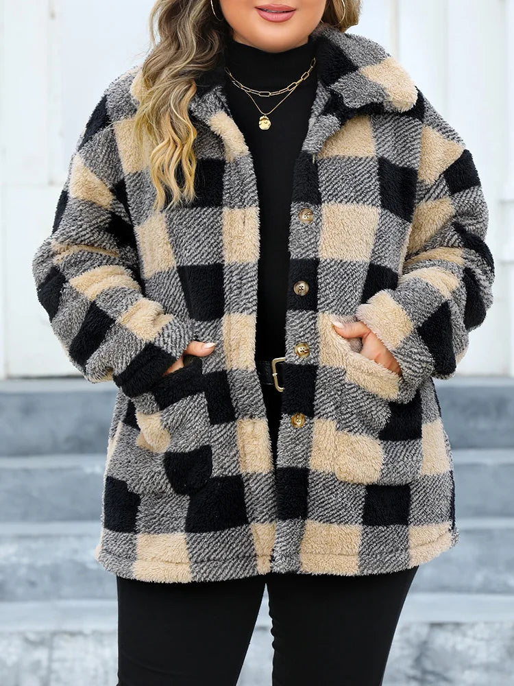 Désiré | Veste Oversize à Carreaux en Teddy Douillet pour Femme, Col Revers et Poches