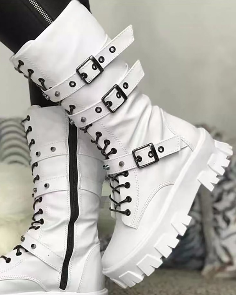 Célestisse | Bottes militaires femme blanches avec semelle robuste et boucles ajustables