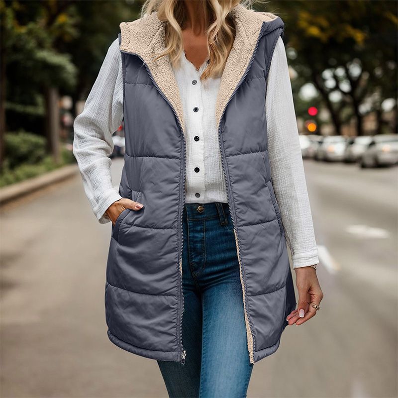 Wylowen | Gilet long réversible à capuche zippé, doublure en laine, femme