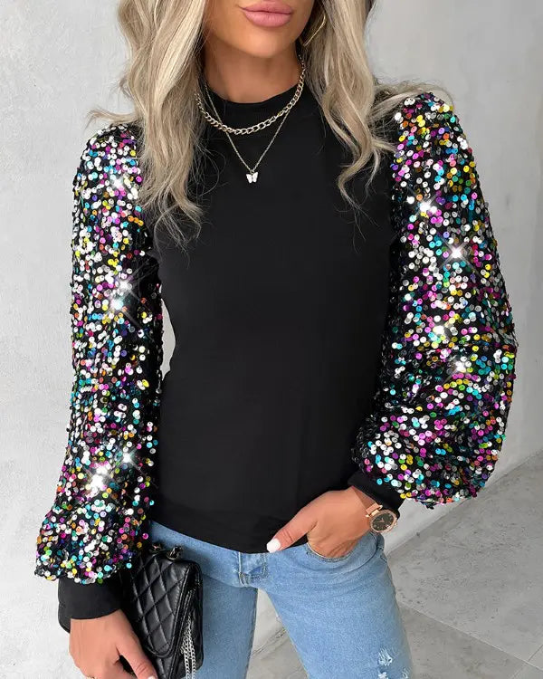 Béatrice | Blouse Élégante Femme à Manches Ballon Multicolores et Détails à Paillettes