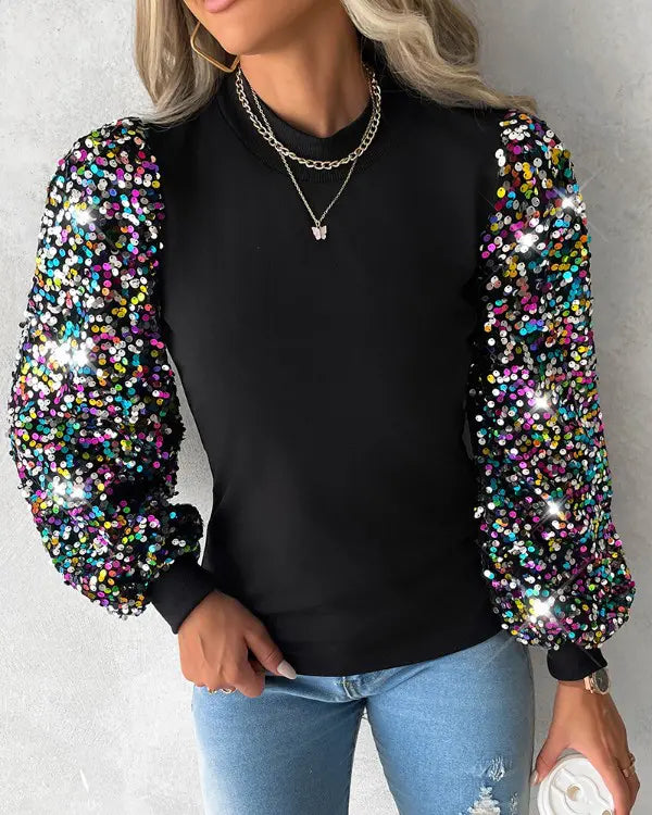 Béatrice | Blouse Élégante Femme à Manches Ballon Multicolores et Détails à Paillettes