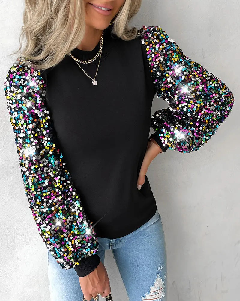 Béatrice | Blouse Élégante Femme à Manches Ballon Multicolores et Détails à Paillettes