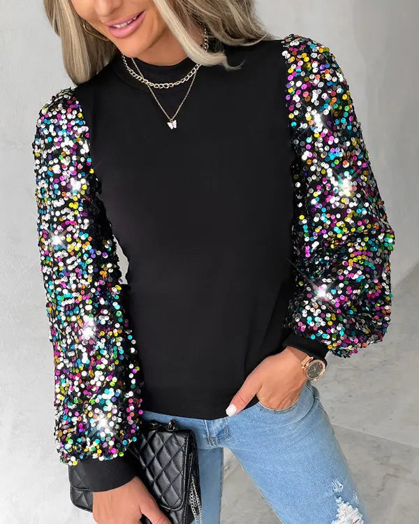 Béatrice | Blouse Élégante Femme à Manches Ballon Multicolores et Détails à Paillettes