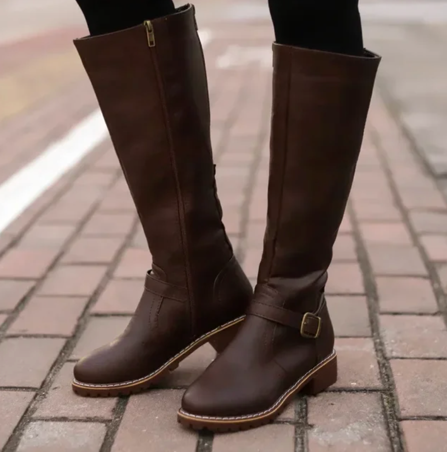Olivie | Bottes Hautes Femme avec Bride et Petit Talon Bloc