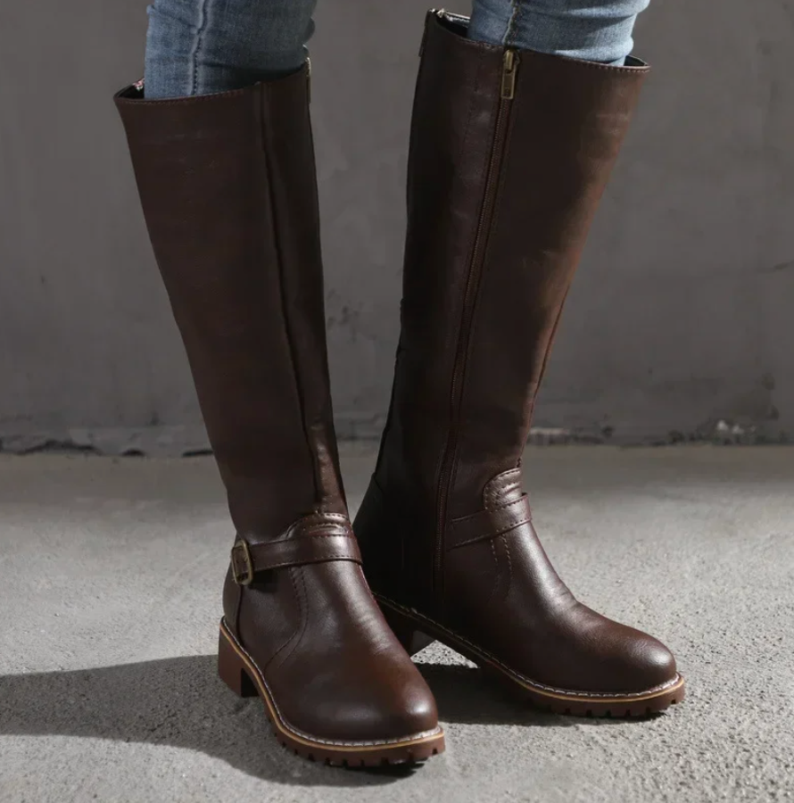 Olivie | Bottes Hautes Femme avec Bride et Petit Talon Bloc