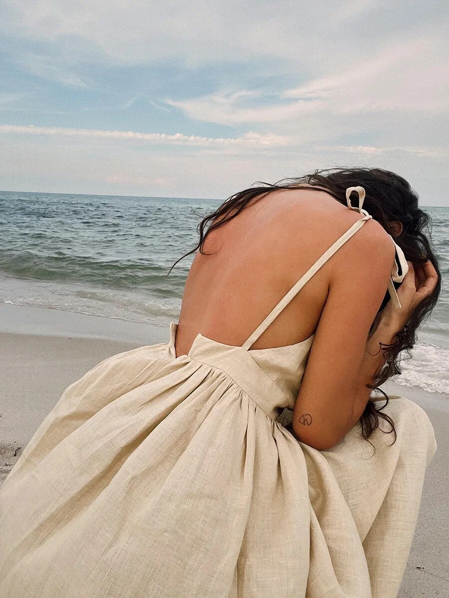 Rithane | Robe d’Été Maxi en Lin, Dos Nu avec Bretelles à Nouer