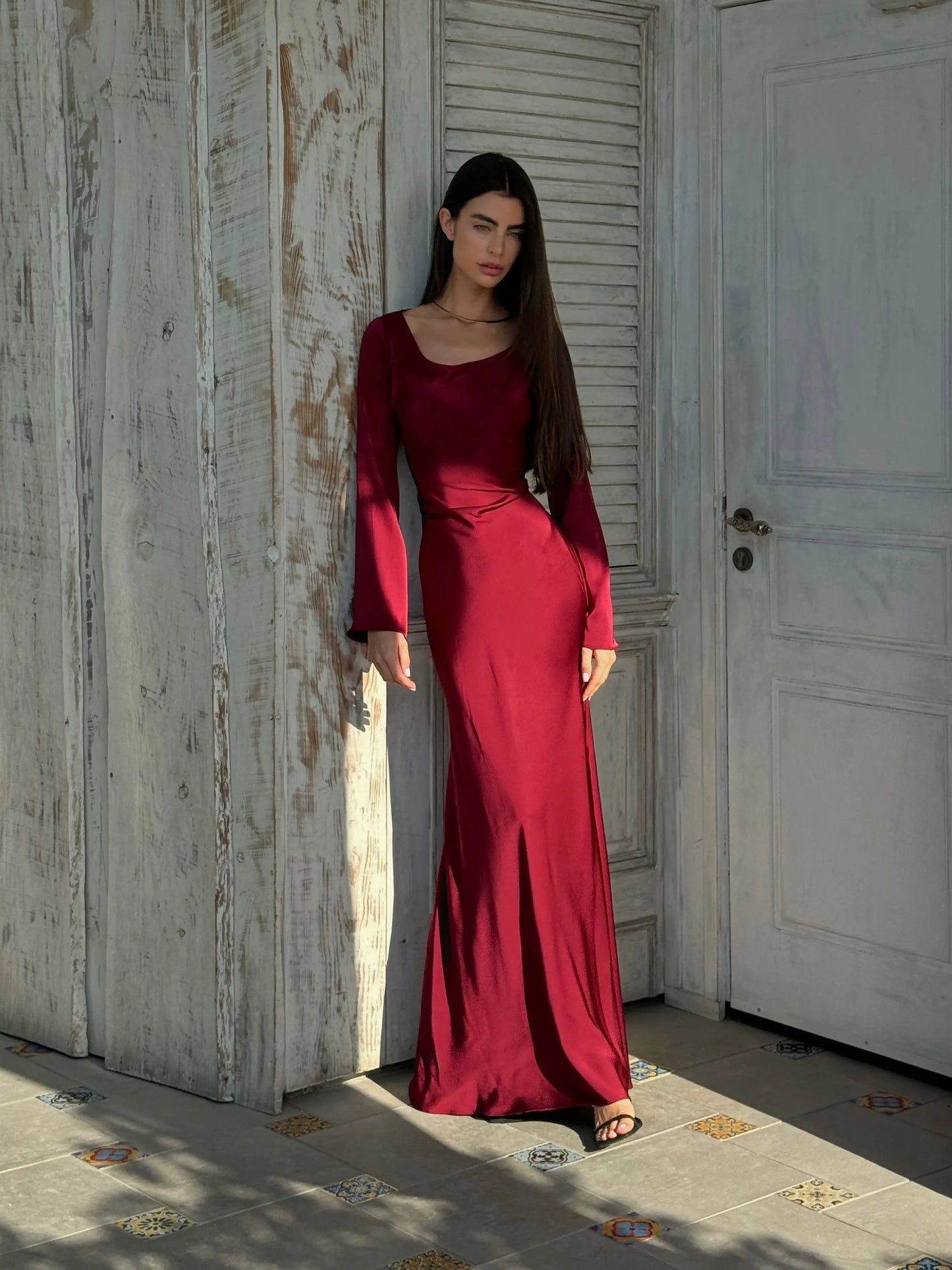Robe de Soirée Femme Élégante à Manches Longues | Maxikleid Flowy et Chic