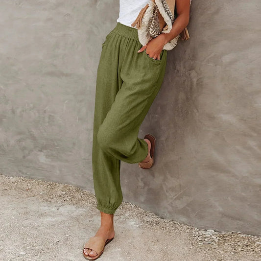 Angéline | Pantalon Décontracté Femme Taille Haute Léger – Tissu Respirant avec Taille Élastique et Poches Pratiques pour l’Été