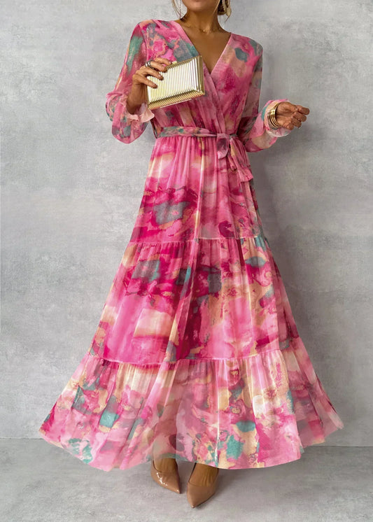 Lizéa | Robe Maxi Fleurie à Manches Longues, Décolleté V, Style Cache-Cœur avec Ceinture