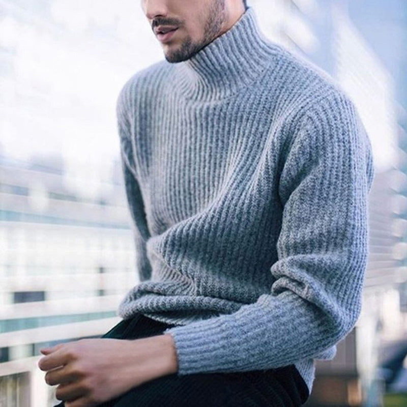 Knitted Sweater Homme | Pull Tricoté à Col Montant et Motif Côtelé Fin