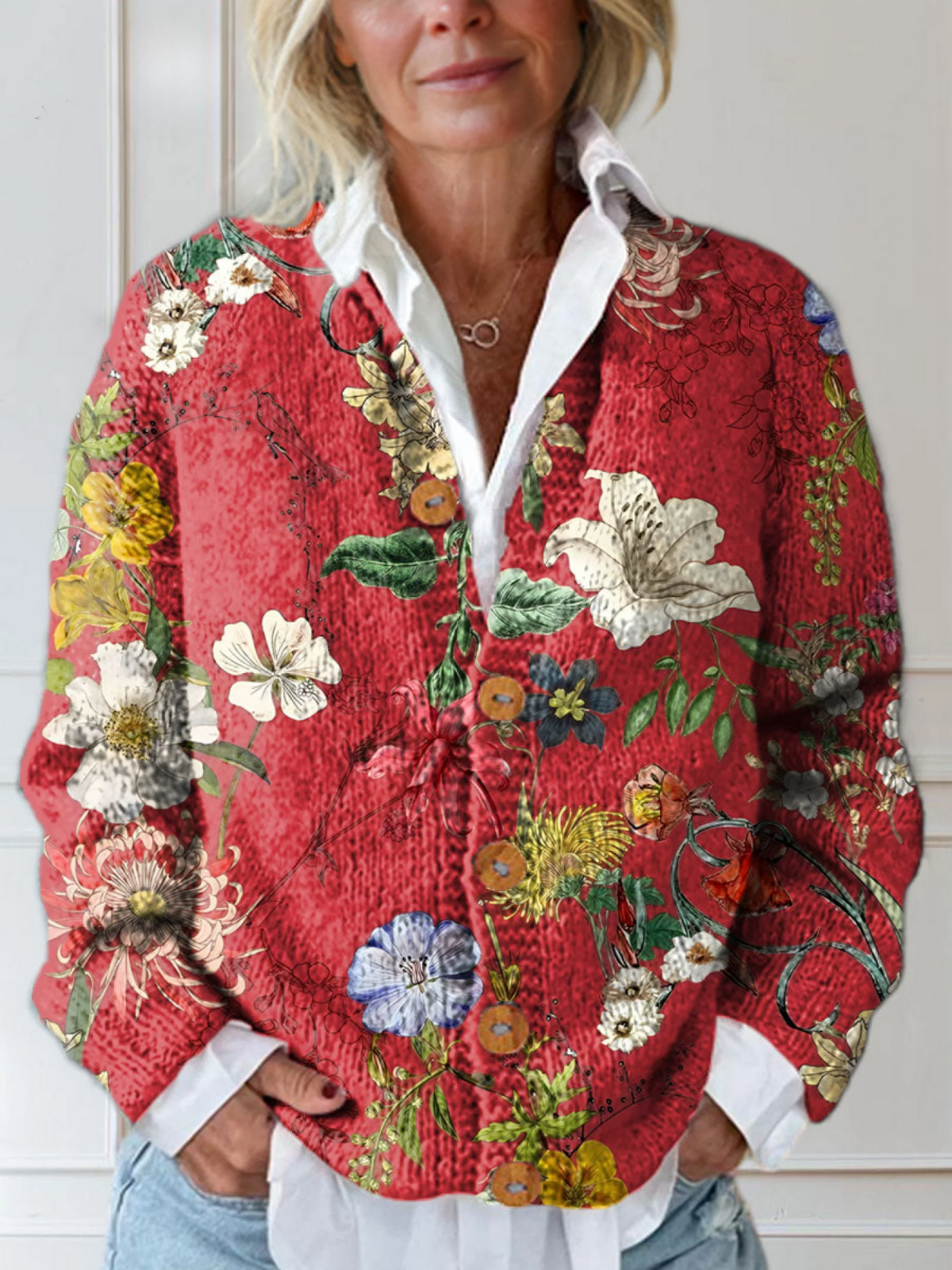 Cardigan Femme Vintage-Floral | Pull Tricoté à Boutons avec Motif Floral