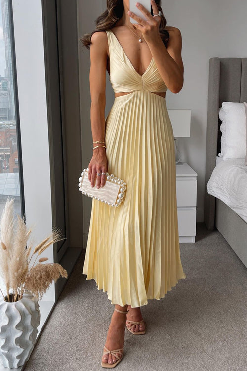 Liorane | Robe Midi Plissée Femme Décolleté Profond et Taille Découpée Élégante