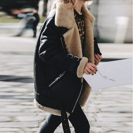 Lorène | Veste Aviator Femme Oversize, Doublure Fourrure Synthétique, Zip et Boucles