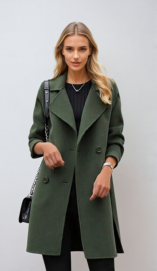Cassiopée-Lou | Manteau long femme double boutonnage avec larges revers, élégant et chaud