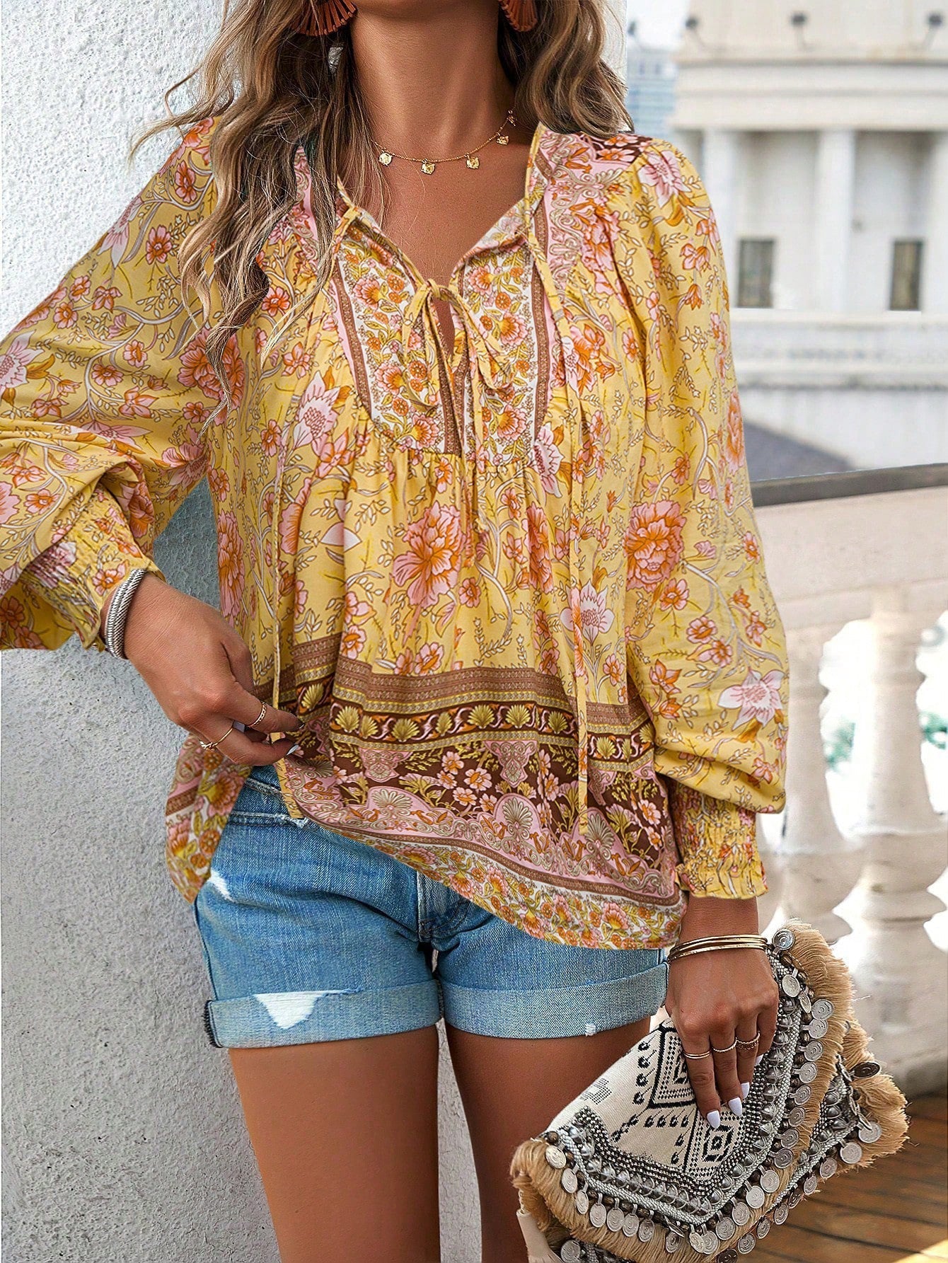 Églantine | Blouse Bohème Femme à Imprimé Floral Manches Longues Bouffantes et Coupe Ample