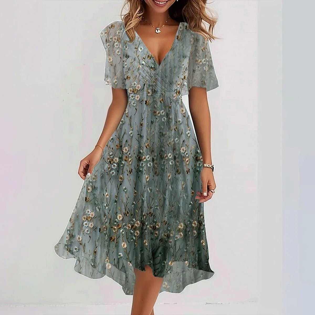 Eméline | Robe Midi Fleurie Femme en Chiffon, Col V Plongeant et Taille Cintrée