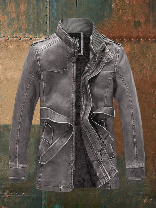Lucas | Veste Homme Vintage en Cuir avec Ceinture, Doublure Chaude et Boutons Classiques