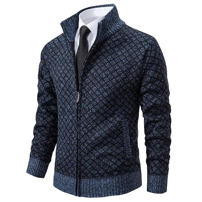 Classic Zip Cardigan Homme | Motif Géométrique Élégant et Confort Hivernal