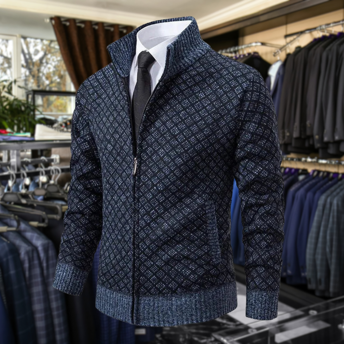 Classic Zip Cardigan Homme | Motif Géométrique Élégant et Confort Hivernal