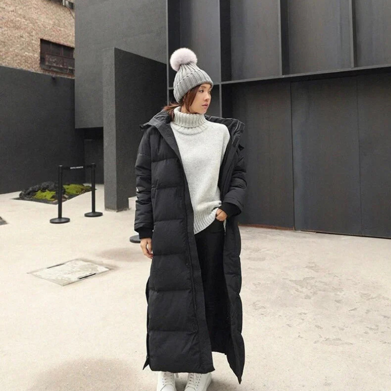 Caméline | Manteau Femme Long d’Hiver Rembourré avec Capuche, Fermeture Éclair & Fentes Côtés