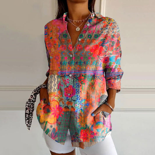Luciliane | Blouse Boho à Imprimé Floral Multicolore à Boutons, Manches Longues, Élégante et Légère