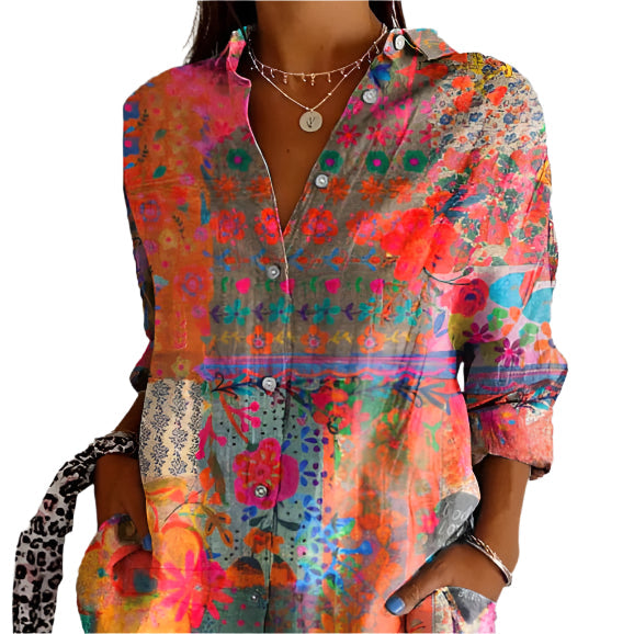 Luciliane | Blouse Boho à Imprimé Floral Multicolore à Boutons, Manches Longues, Élégante et Légère