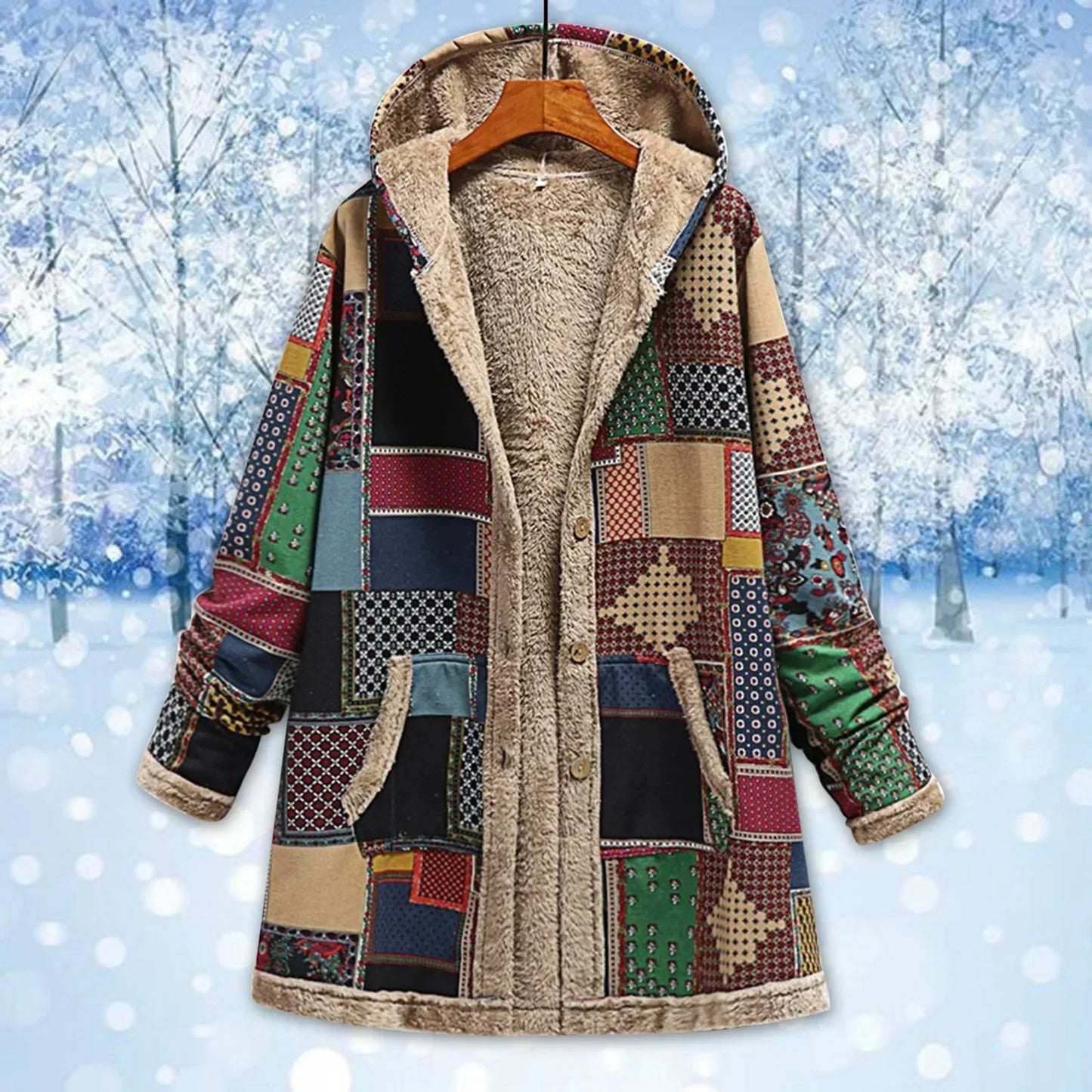 Simone | Veste Femme Patchwork Multicolore à Capuche avec Doublure Polaire Chaude