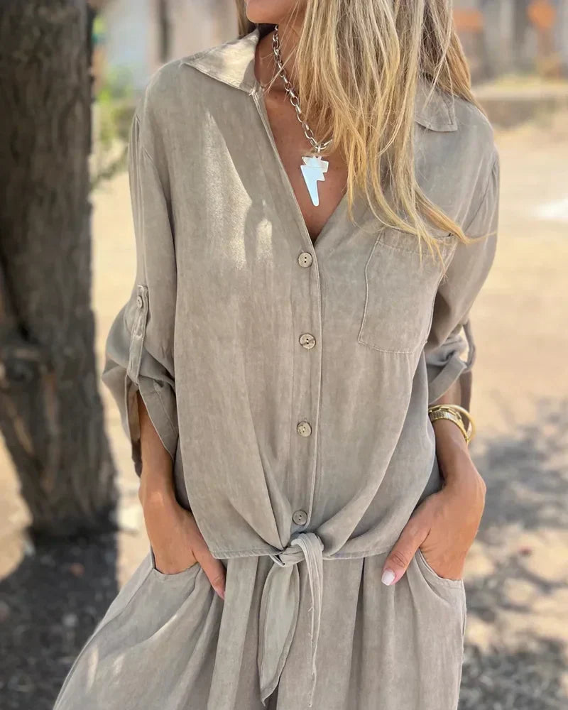 Auroreline | Ensemble Deux-Pièces Décontracté Femme avec Blouse Boutonnée et Pantalon Large