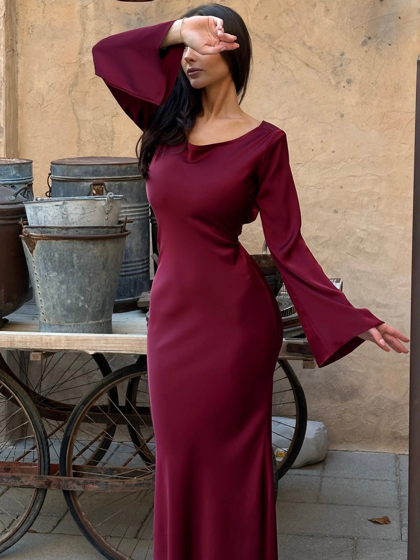 Robe de Soirée Femme Élégante à Manches Longues | Maxikleid Flowy et Chic