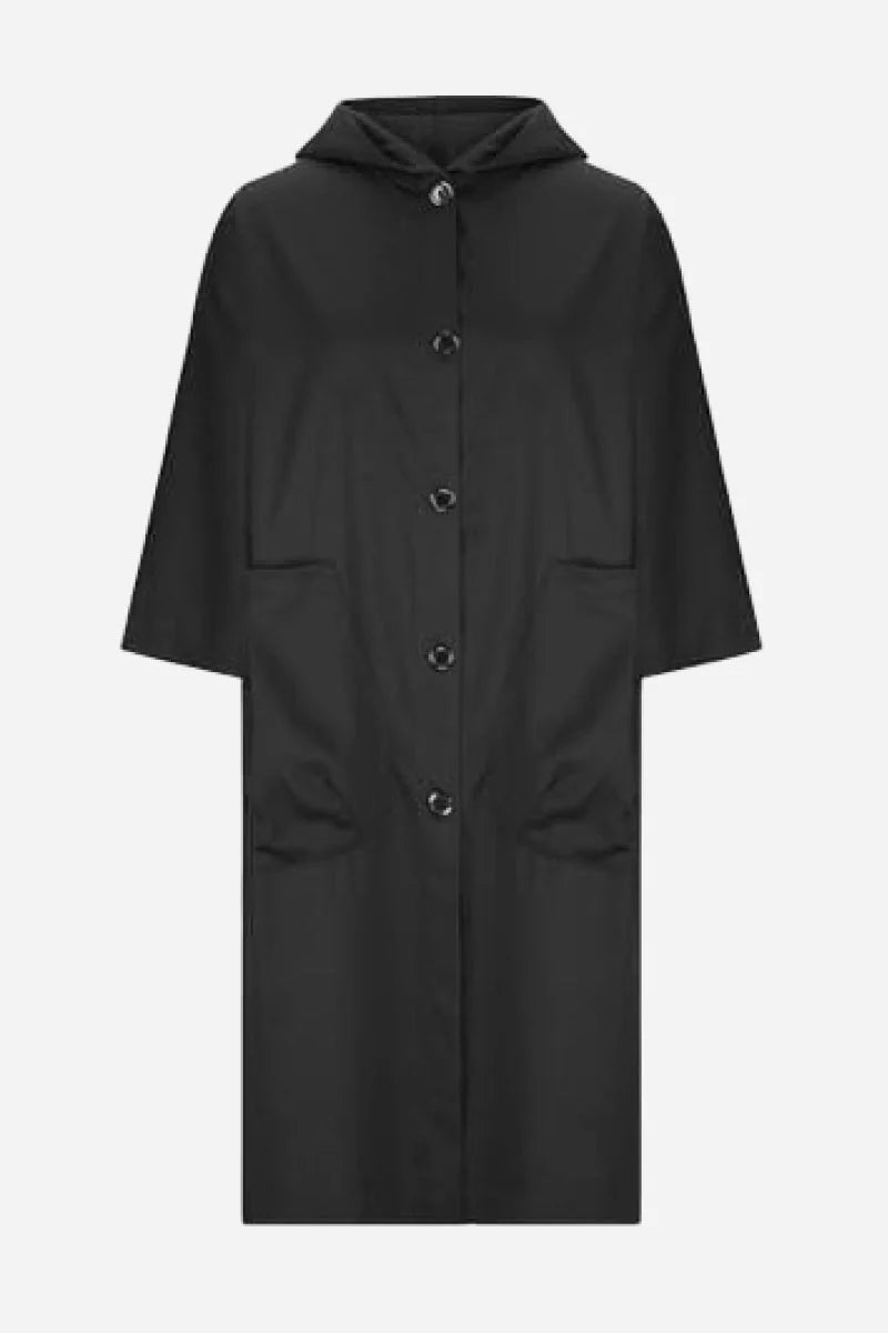 Odélia | Manteau Coupe-vent Imperméable à Capuche, Taille Unique, Oversized, Noir avec Poches Oversized et Boutons
