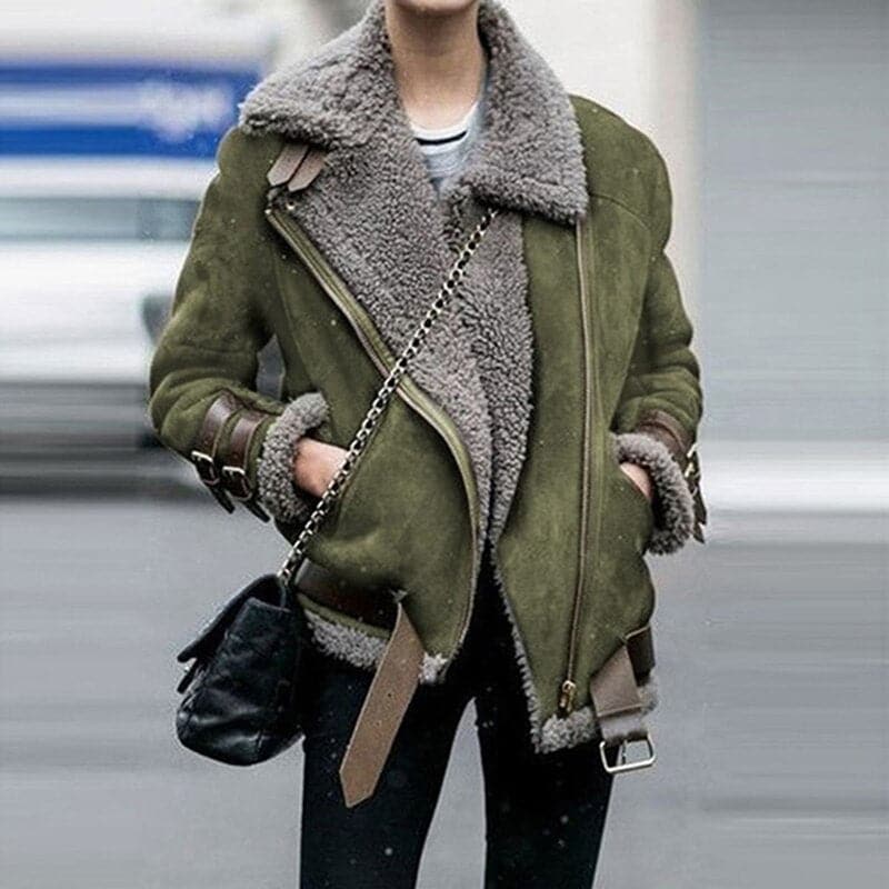 Lorène | Veste Aviator Femme Oversize, Doublure Fourrure Synthétique, Zip et Boucles