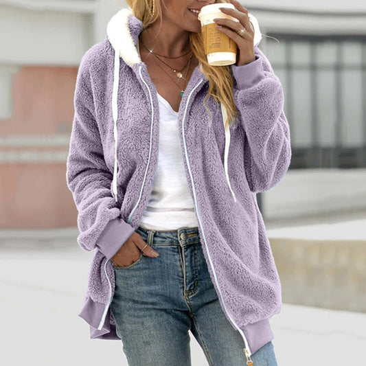 Edelise | Sweat à capuche femme en Teddy Douillet avec zip et cordon