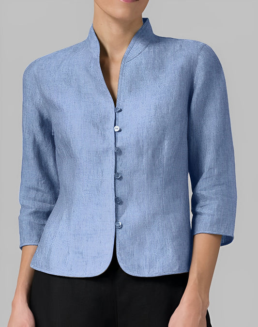 Claravie | Blouse Femme Lin Manches Longues Col Montant Élégante & Décontractée