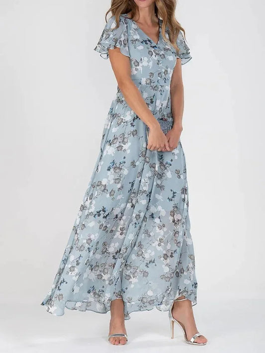 Osélie | Robe Maxi Femme à Col V et Motif Floral – Robe Fluide d’Été Élégante et Chaleureuse