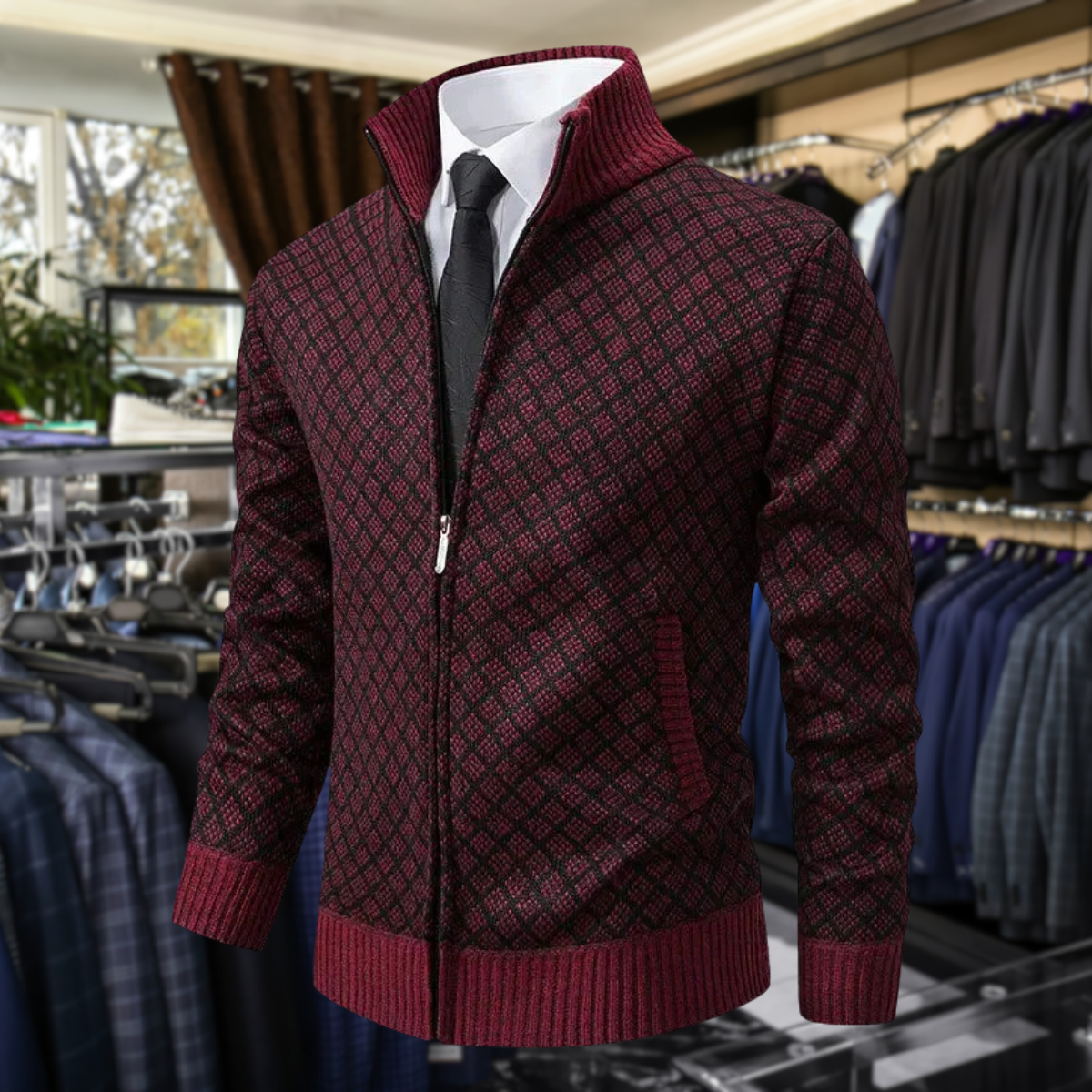 Classic Zip Cardigan Homme | Motif Géométrique Élégant et Confort Hivernal