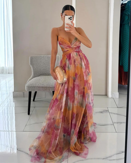 Malou | Robe Maxi Formelle Décolleté V Profond avec Liens au Dos, Taille Ouverte, Dégradé Multicolore Tulle A-ligne