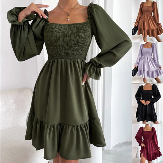 Adélaïde | Robe Mini Femme Unie – Encolure Carrée, Manches Bouffantes & Ourlet Volanté