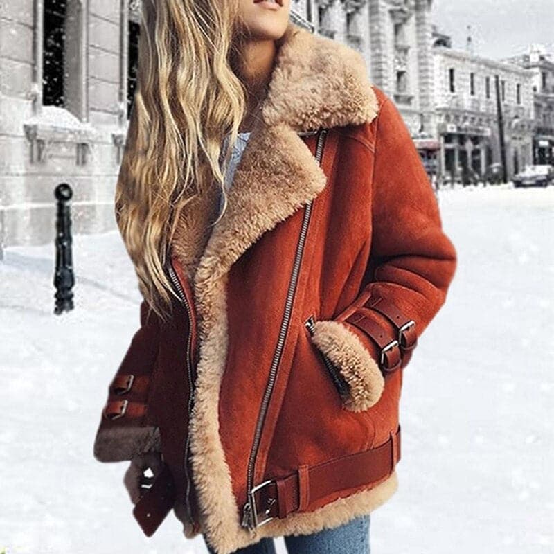 Lorène | Veste Aviator Femme Oversize, Doublure Fourrure Synthétique, Zip et Boucles