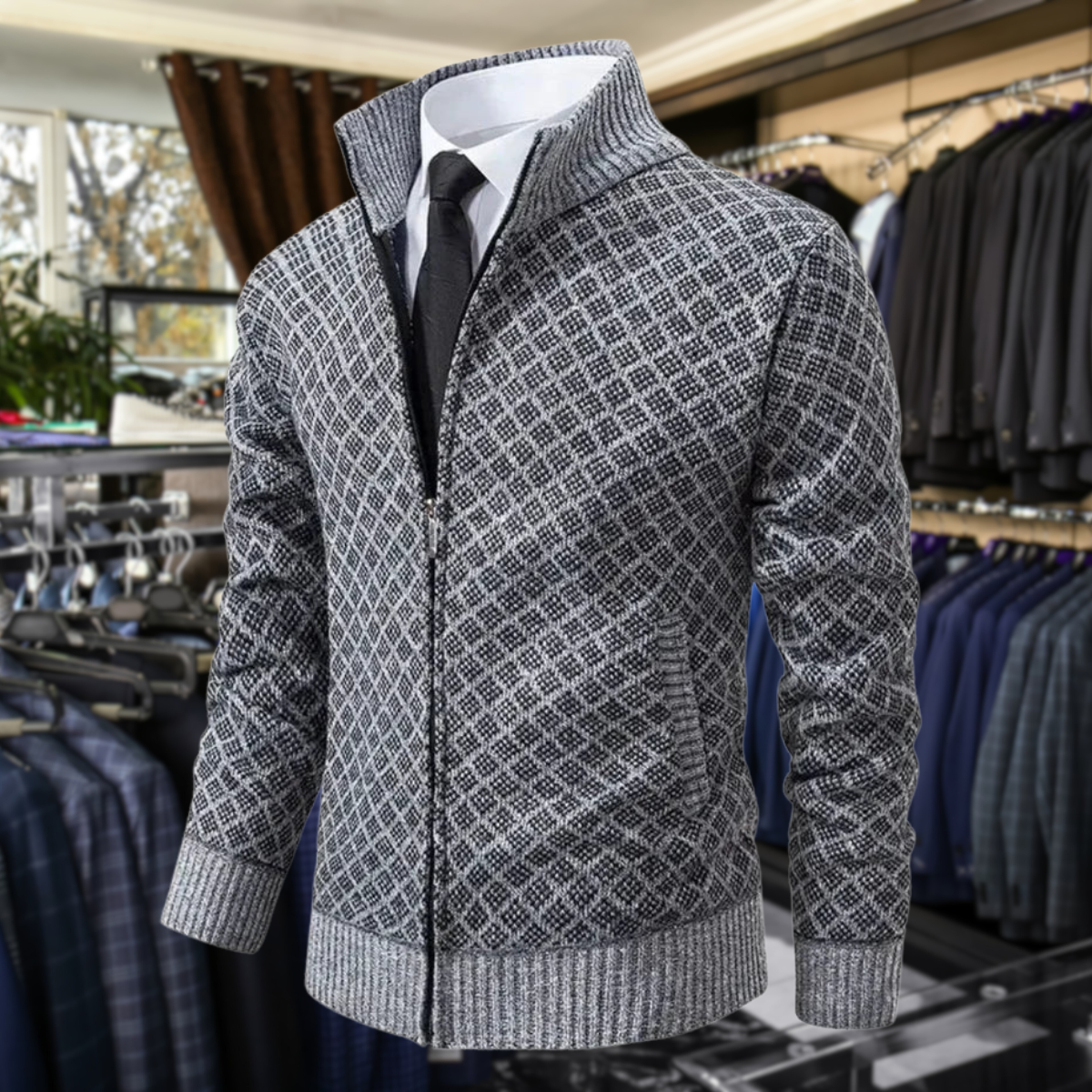 Classic Zip Cardigan Homme | Motif Géométrique Élégant et Confort Hivernal
