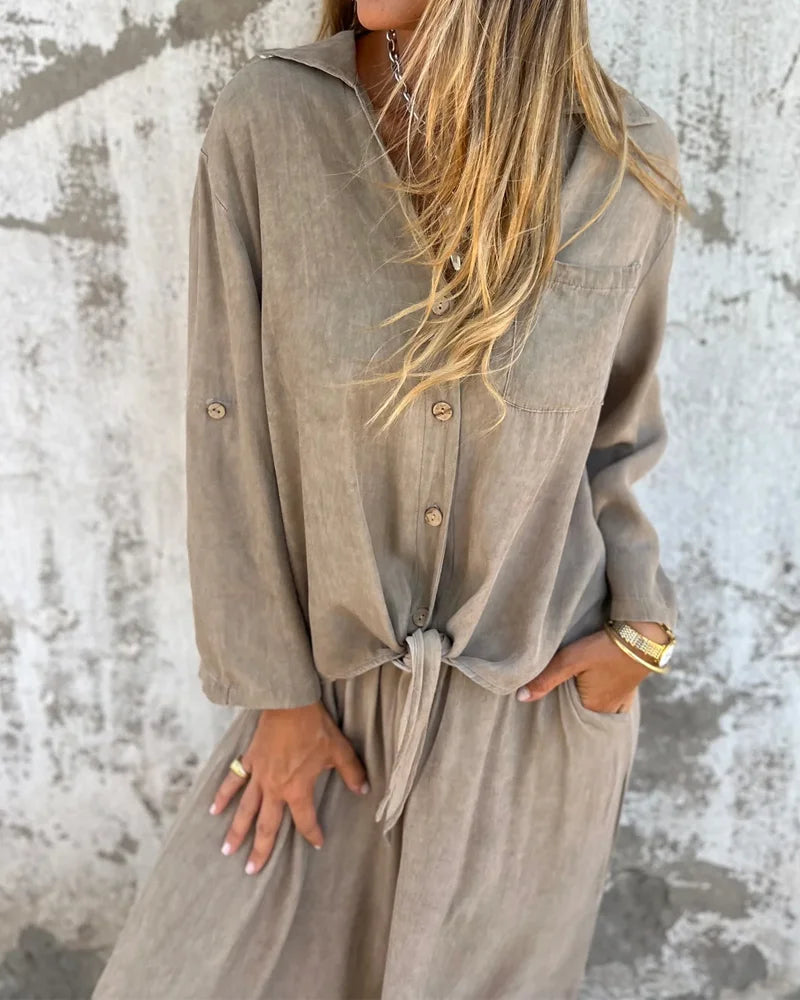 Auroreline | Ensemble Deux-Pièces Décontracté Femme avec Blouse Boutonnée et Pantalon Large